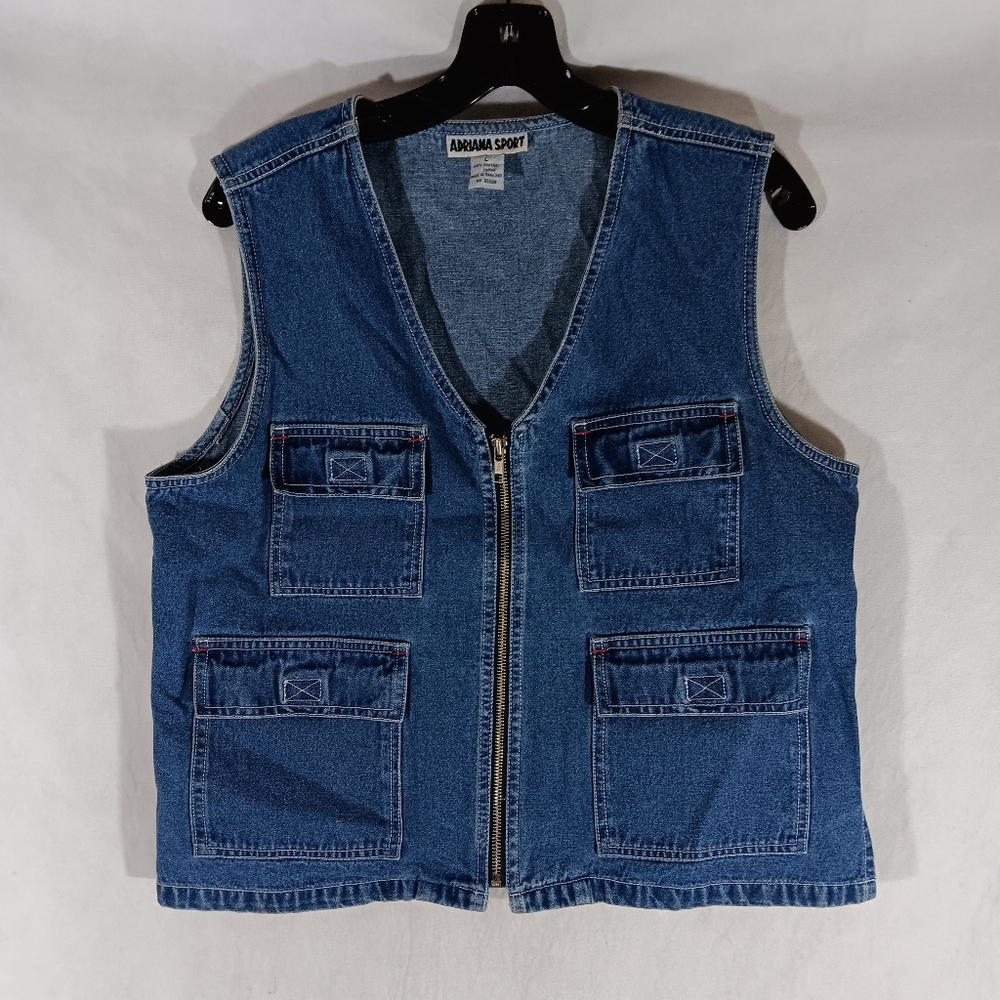 Adriana Sport Vintage Womens Large Blue Jean Vest Pockets Outdoor Hiking Denim